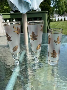Vintage Libby Golden Foilage Pilsner Glasses 22K Golden Leaf Frosted Set of 3